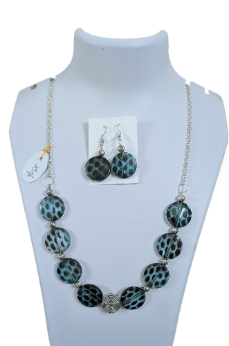 Blue Leopard Print Bead Necklace & Earrings Set