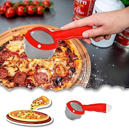 GLOBAL IMPEX 2-in-1 Kitchen Tool Set – Stainless Steel Garlic Crusher & Sharp Pizza Cutter with Plastic Handle – Manual Chopper & Slicer Combo for Home Use (Red, Pack of 2) view 2