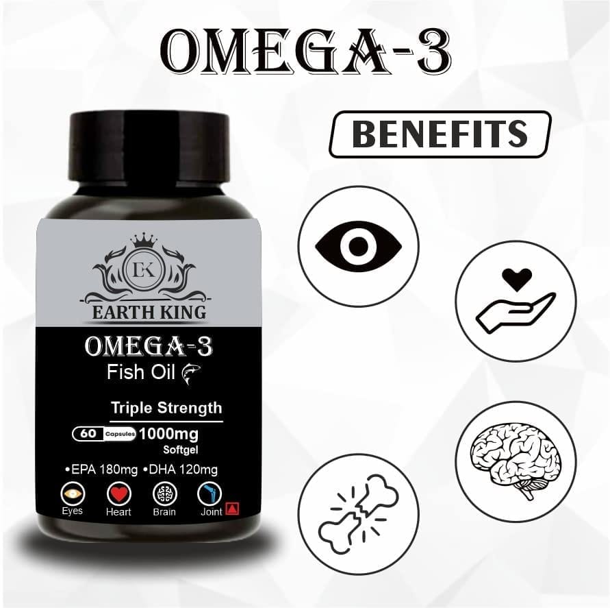 EARTH KING Triple Strength Omega 3 Fish Oil - 1000mg (180 mg EPA & 120 mg DHA) Omega 3 Fish Oil | Fatty Acid | Supports Healthy Heart, Brain, Better Skin, Bones, Joint & Eye Care � 60 Softgel Capsules view 2