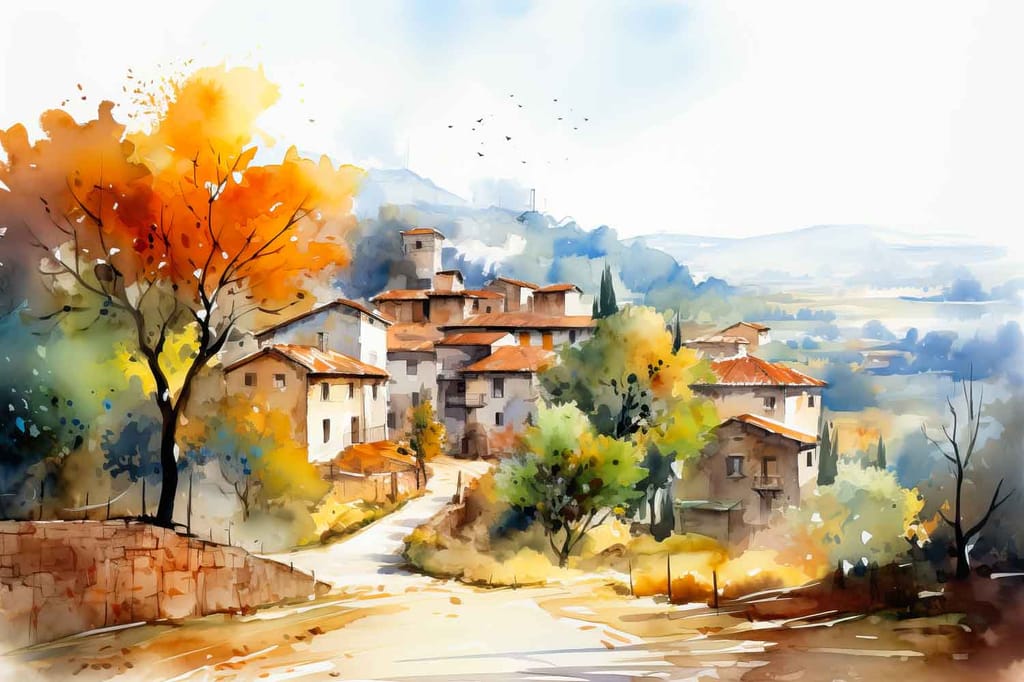 PAINTING OF HILLSIDE AUTUMN VILLAGE 24in X 16in WITH BLACK FRAME view 2