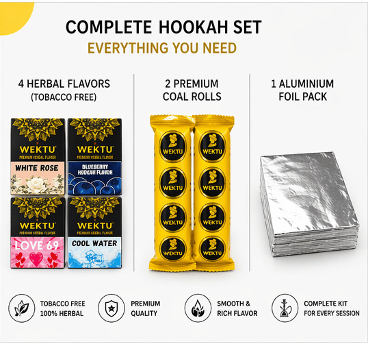 WEKTU Ultimate Tobacco-Free Shisha Experience Hub - Pure Herbal Multi-Flavor Hookah Materials Combo with Long-Lasting Coconut Charcoal & Heat-Shield Foil Pack view 2
