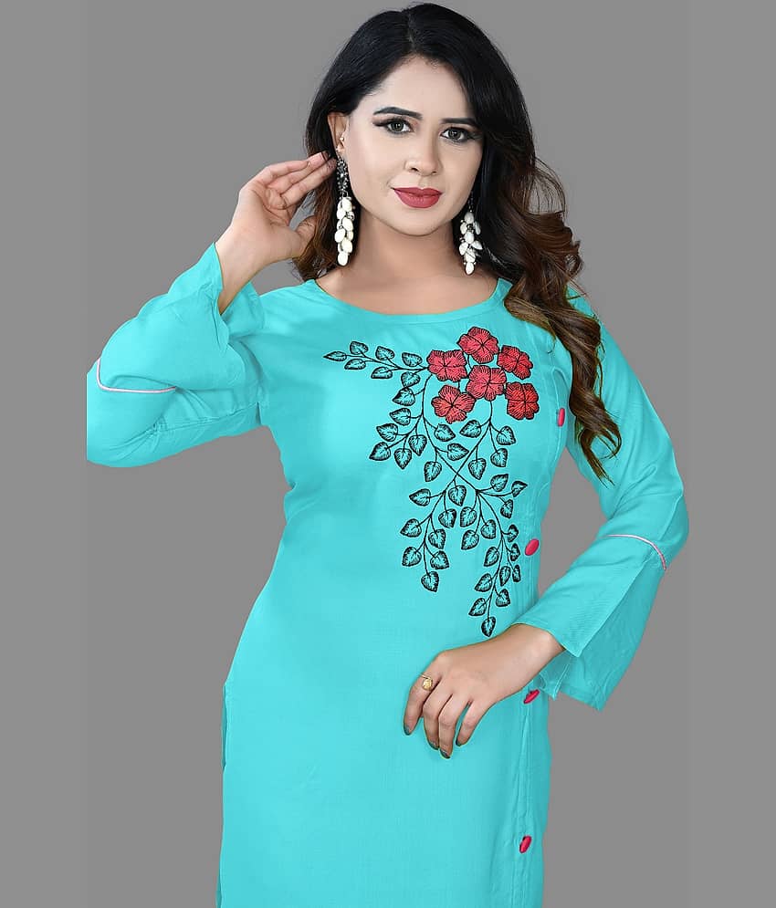 haya fashion - Turquoise Rayon Women's Straight Kurti ( Pack of 1 ) view 2