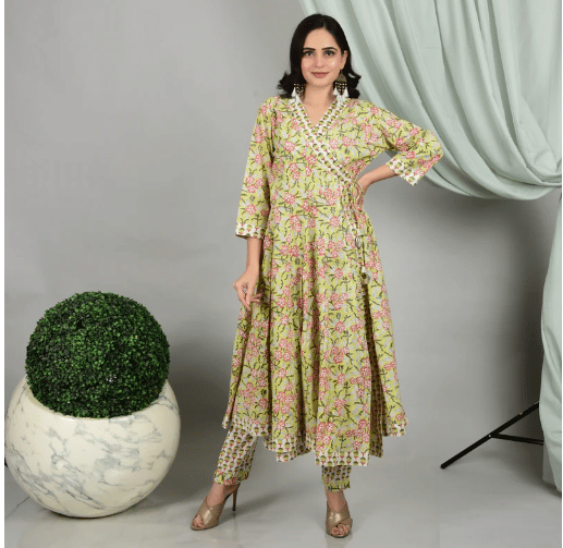 Pistachio Green Hand Block Prints/ 100%Cotton Suit/Lotus view 2