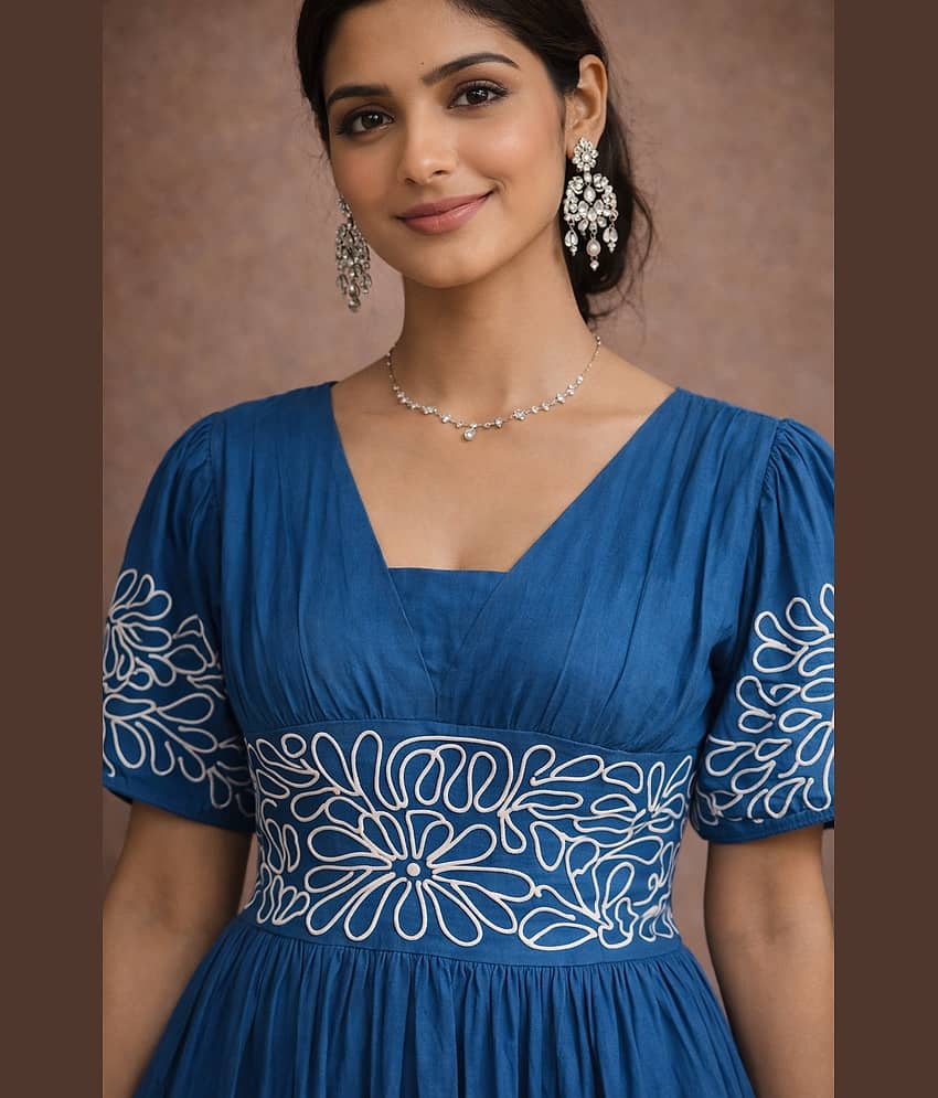 Aarika Women Cotton Embroidered Fit & Flare Dress ( Teal ) view 2