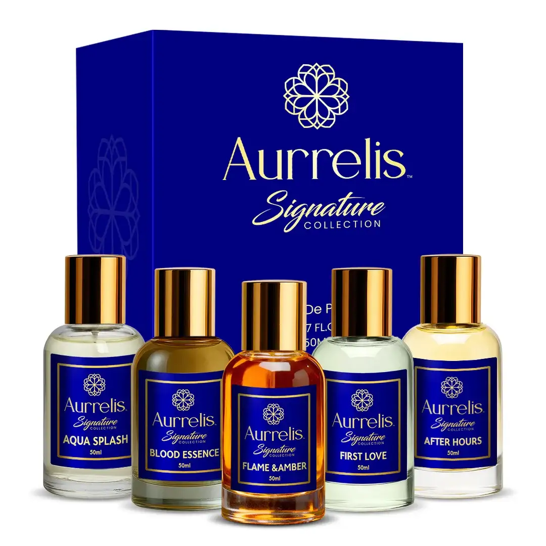 Aurrelis Signature Extrait De Parfum Combo Pack of 5 Aqua Splash, Flame & Amber, Bold Essence, First Love & After Hours | Gift Set (50 ml x 5)