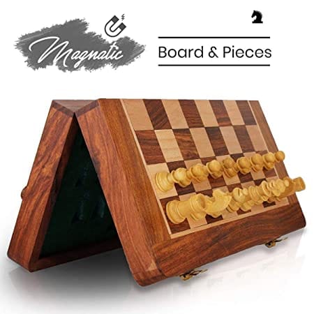 10X10 INCH SOUVNEAR Wooden Handcrafted Foldable Magnetic Chess Board Set with 32 Magnetic Pieces for 2 Players Kids and Adults (Brown Yellow)