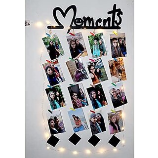 Khush Its Amazing Home Decor Wood Moments With Squre LED Light Hanging Photo Display, DIY Picture Photo Frame Collage Set Includes Multi colour Clips view 2