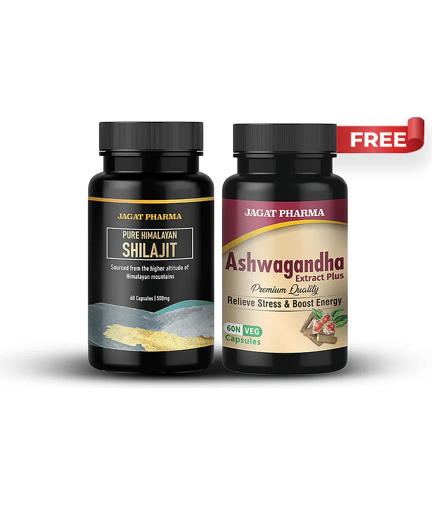 Jagat Pharma Pure Himalayan Shilajit Capsules and Ashwagandha Capsules Combo pack 60 caps each