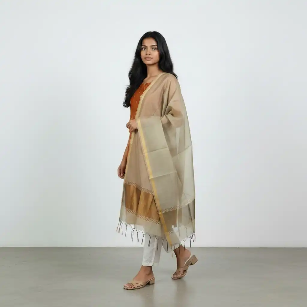 Mustard Raw Silk Kurti with Grey Zari-Border Dupatta, Mangalagiri view 2