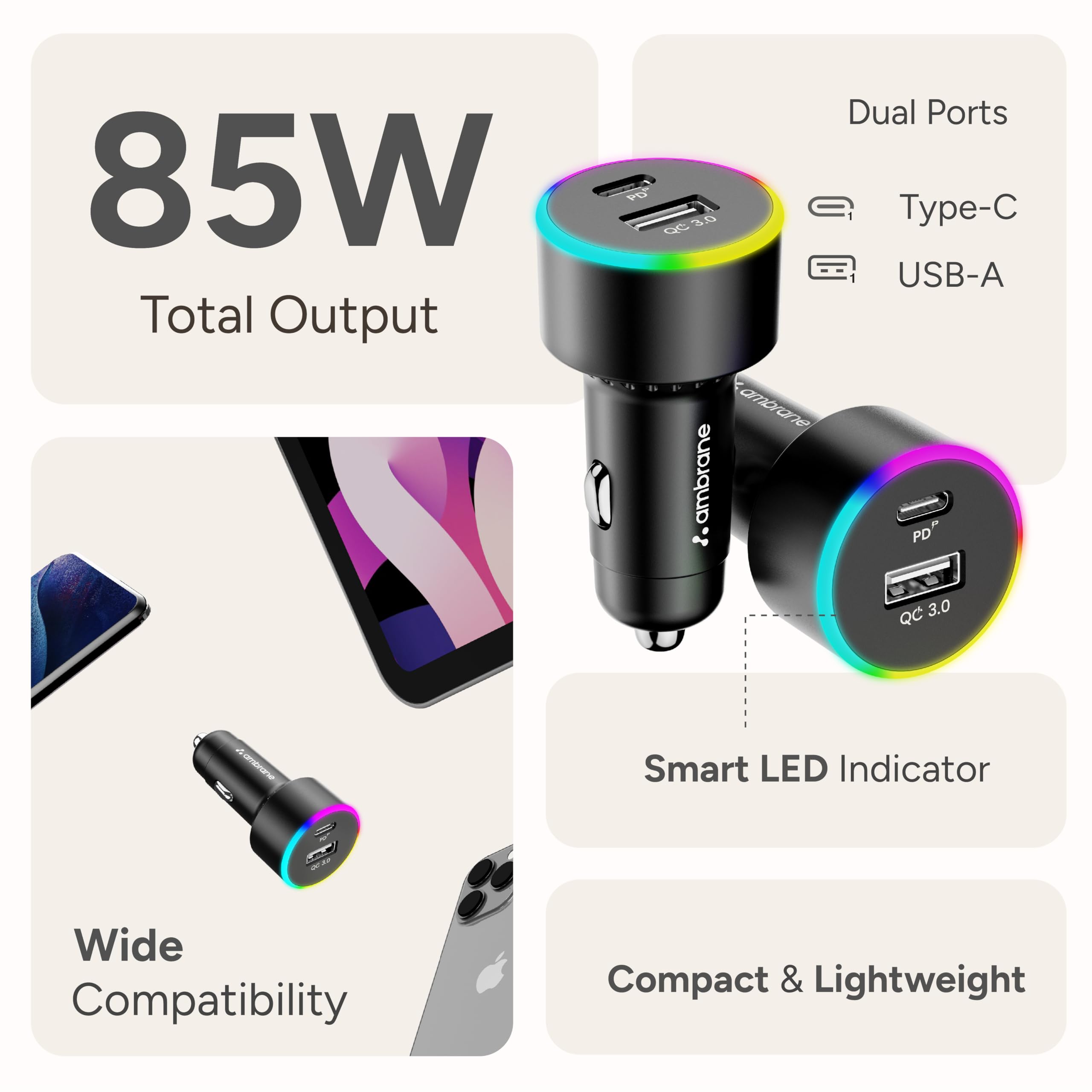 Ambrane 85W Car Charger, Mobile & Laptop Charging (Macbook & Type C Laptops), RGB Light, Dual Port Fast Charging, 65W Type C PD, 20W USB, Works with iPhone, Android, iPad & other Devices (Black, C85R) view 2
