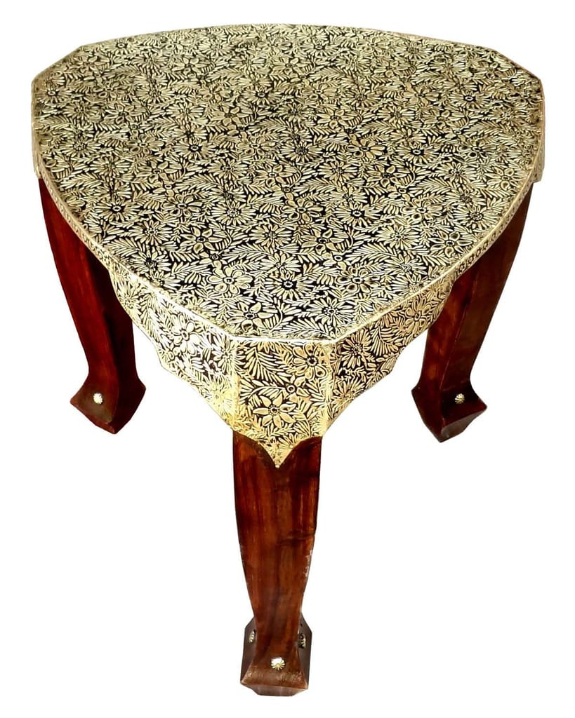 Creative Handicrafts Brown & Gold Color Wooden with Brass Work 3 Leg Stool | Wood Stool | Wood Table | 3 Leg Stool | Side Table view 2