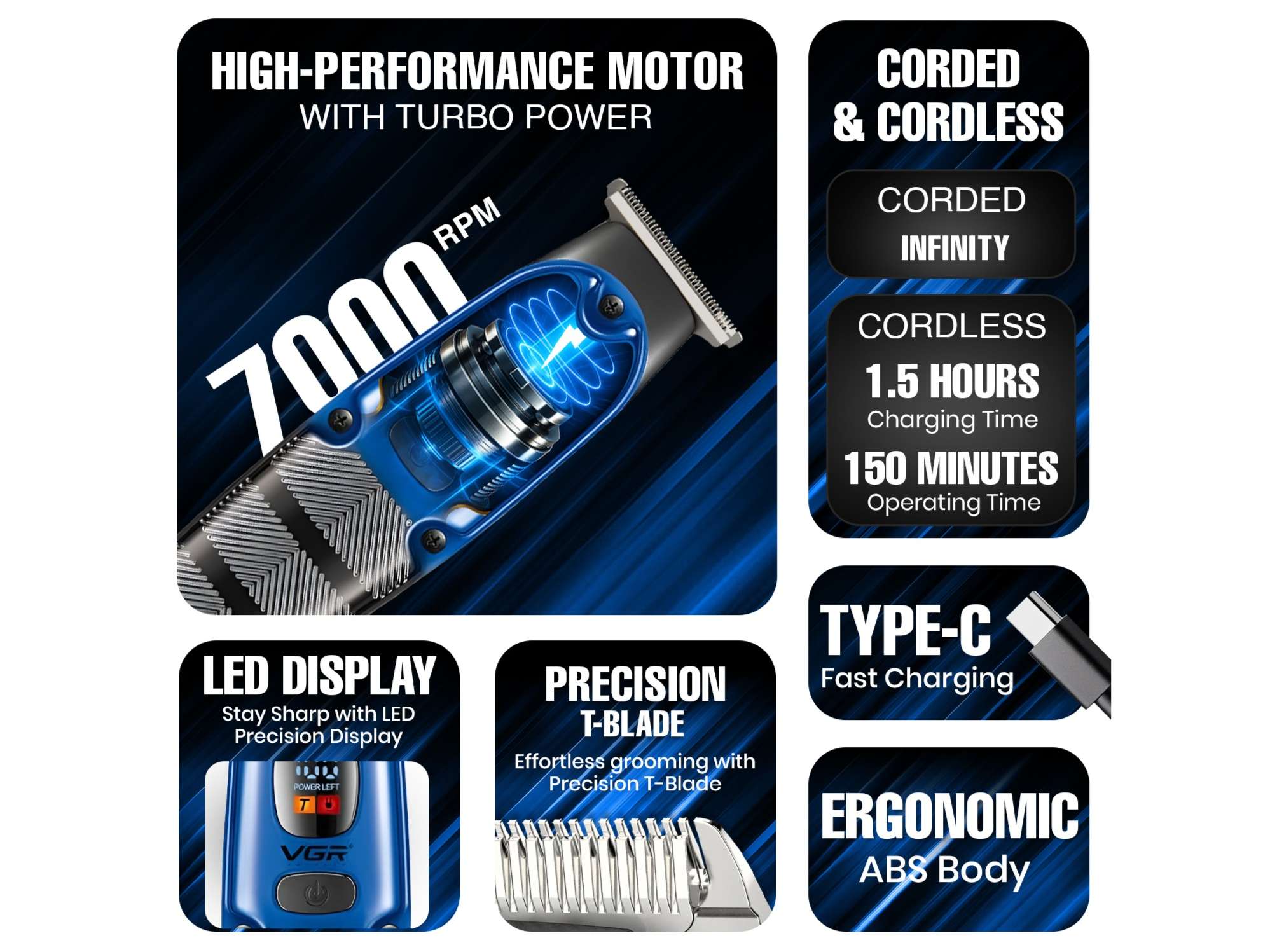 VGR V-981 Professional Hair Clipper with LED Display Trimmer 150 min Runtime 4 Length Settings (Blue) view 2