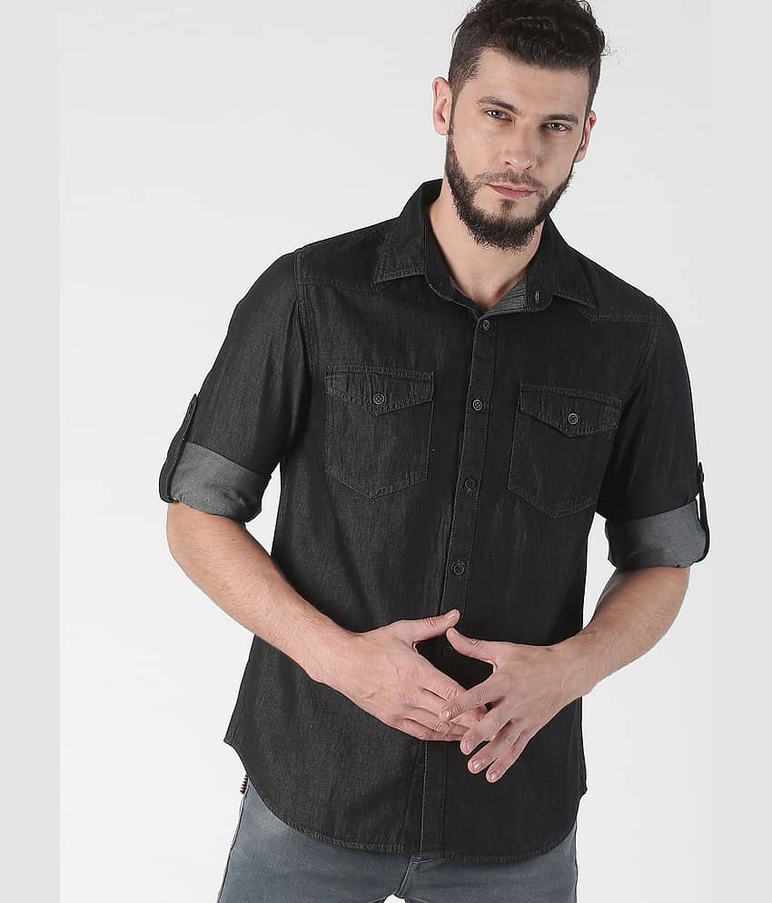 OJASS Denim Regular Fit Solids Rollup Sleeves Men's Casual Shirt - Black ( Pack of 1 )