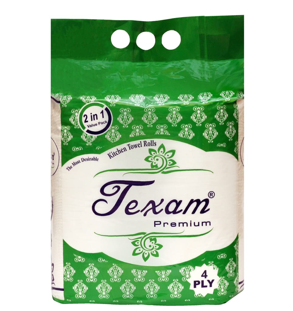 Texam 4 Ply Kitchen Tissue/Towel Paper Roll 300 Sheets | 2 IN 1 -75 PULLS 4 PLY | Soft and Highly Absorbent | 100% Natural Virgin Cellulose Fiber