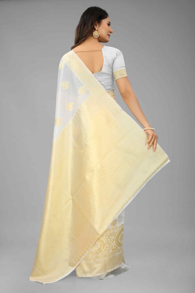 Women's Pearl White Kanjiwaram Art Silk Saree With Unstiched Blouse Piece view 2