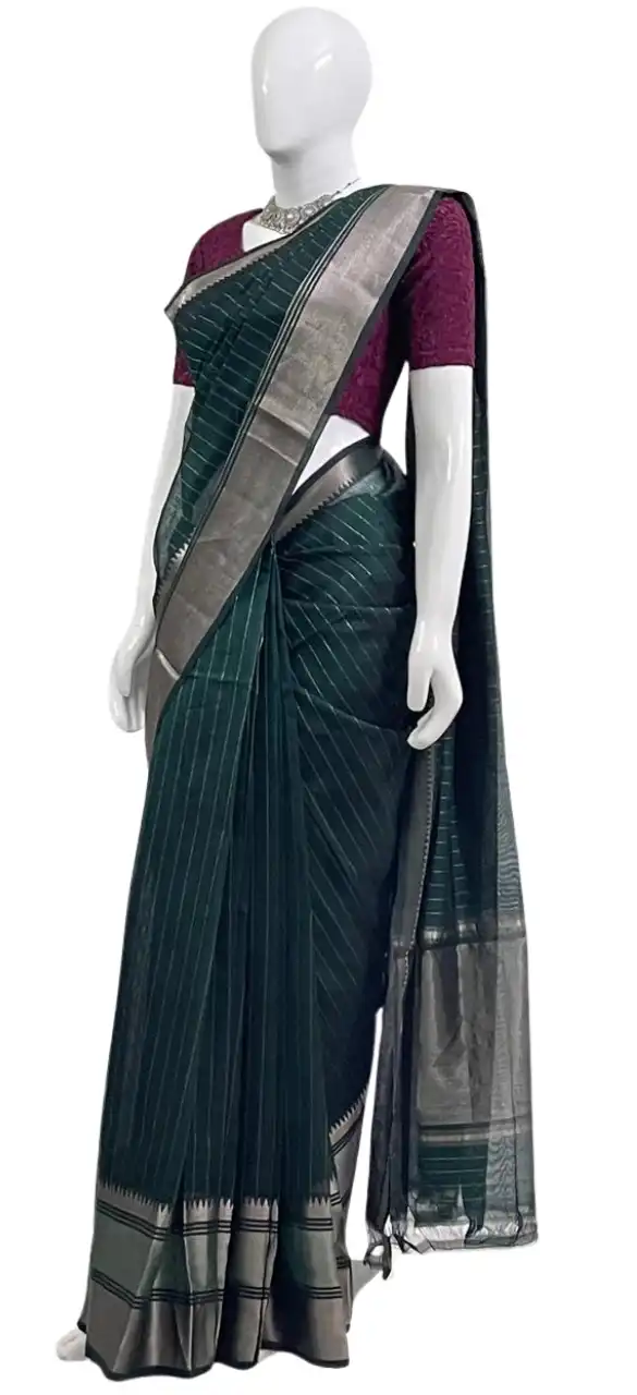 Mangalgiri Bottle Green Silk Cotton Saree Zari Stripes view 2
