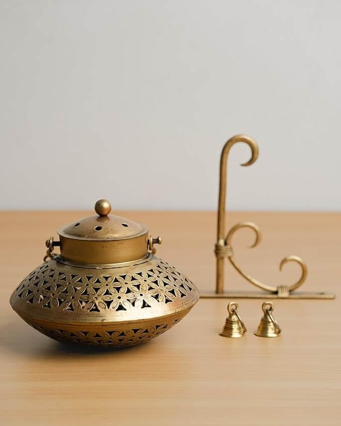 Handmade Indian Brass Wall Diya Lamp | Wall Hanging Metal T-Light Holder with Bells for Festive Decoration & Gifting view 2