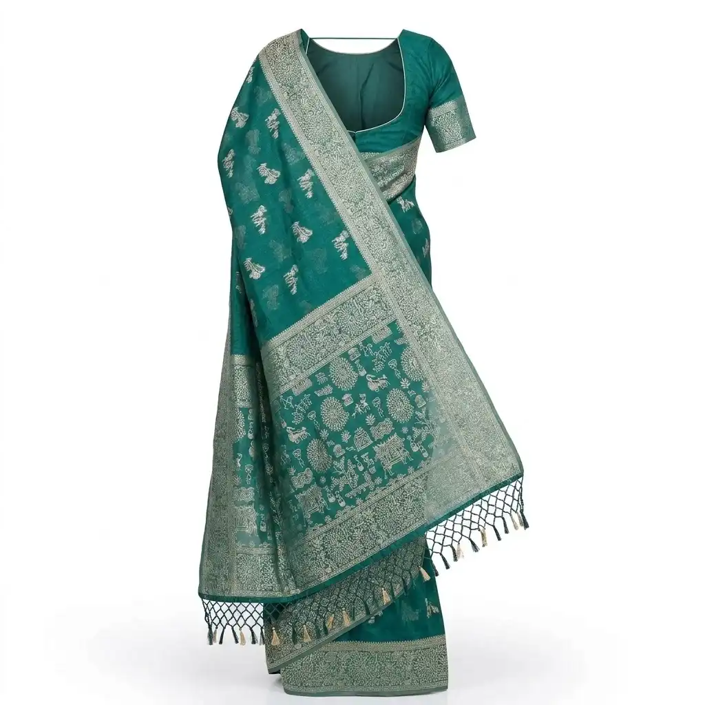 Green Printed Odisha Handloom Saree | Ethnic Woven Cotton view 2