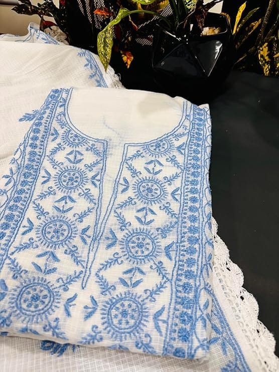 TULIP Traditional Artisians' Upliftment Livelihood Program Hand Embroidered Kota Dori Cotton Kurti Fabric Set � White with Blue Thread Work | Ethnic Women�s Unstitched Dress Material view 2