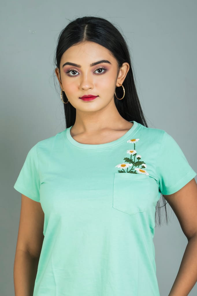 Women’s T shirt with hand embroidery work light green coloured cotton T shirt