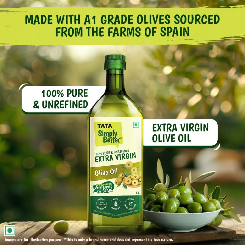 Tata Simply Better Pure & Unrefined Extra Virgin Olive Oil, A1 Grade Olives From The Farms of Spain, Cold Press Extraction, Cholesterol & Trans Fat-Free, Natural Antioxidants, Rich in Vitamin E & K view 2