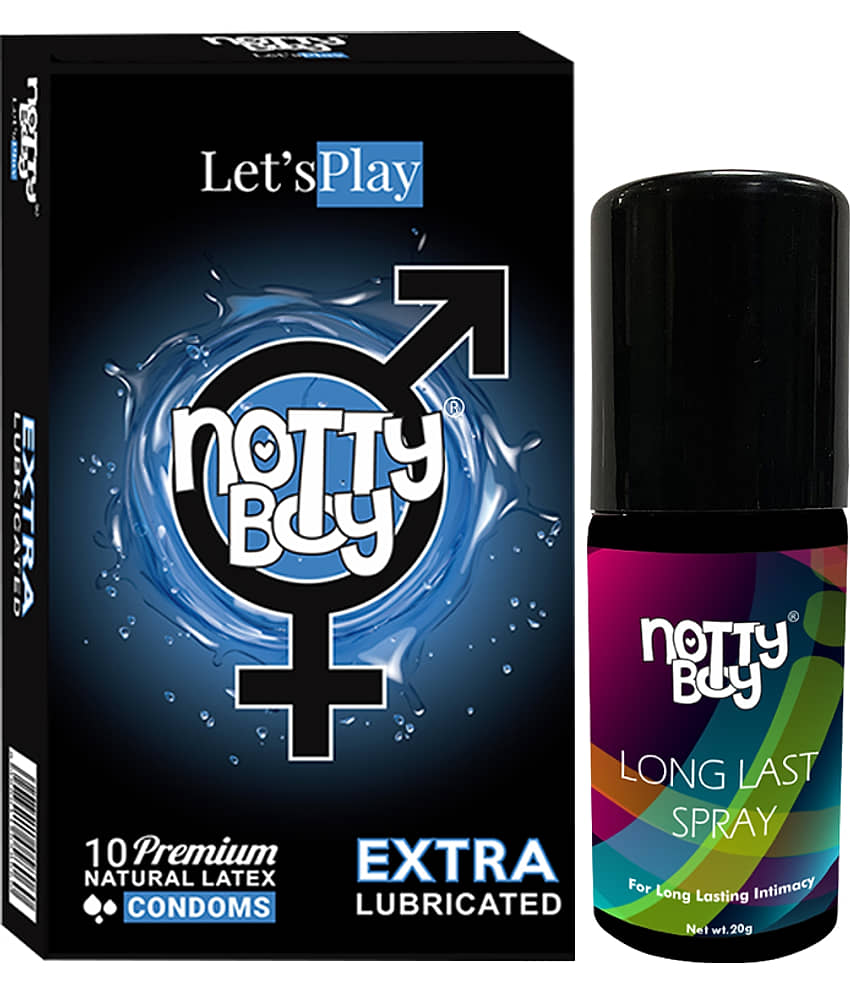 NottyBoy Long Last Delay Spray For Men 20g, Extra Lubricated Condoms - Pack of 1