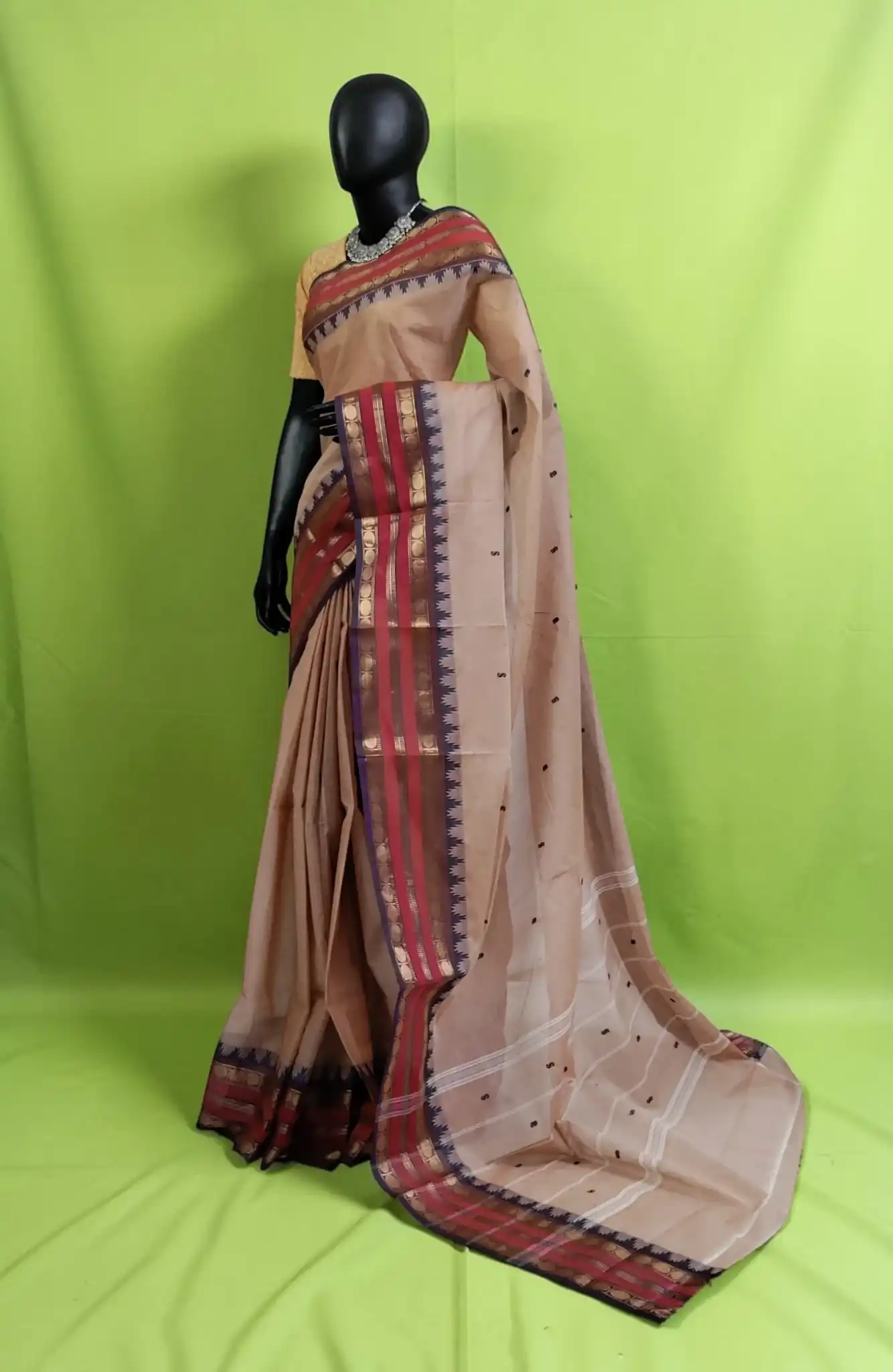 Handwoven Kanchipuram Cotton-Silk Saree in Beige with Blue Border view 2