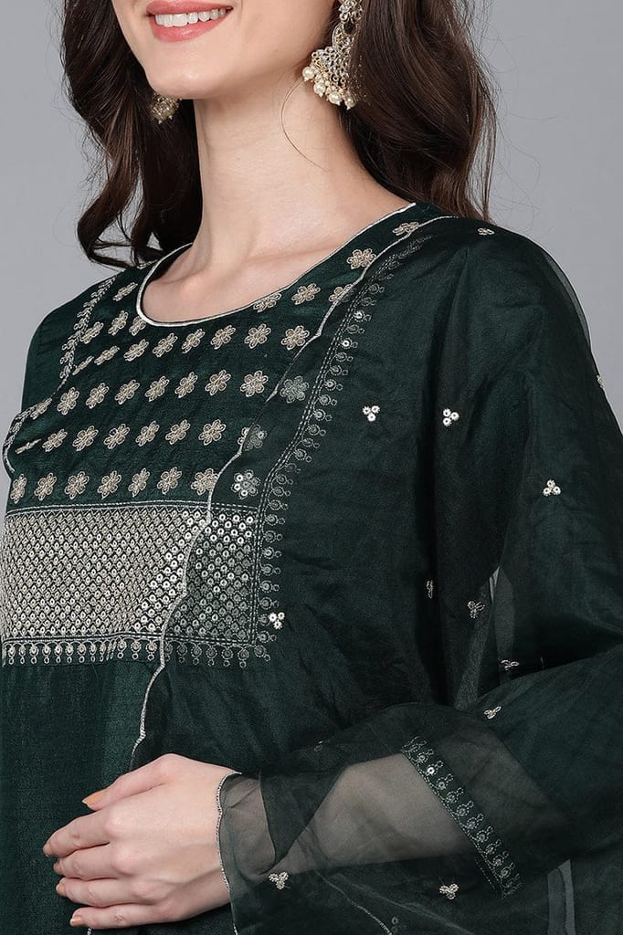 Green Poly Silk Solid Straight Suit Set PKSKD1549 view 2