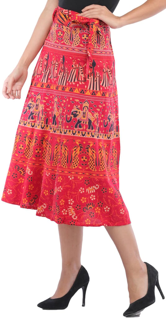 Scarlet-Red Wrap-Around Sanganeri Skirt with Printed Marriage Procession view 2