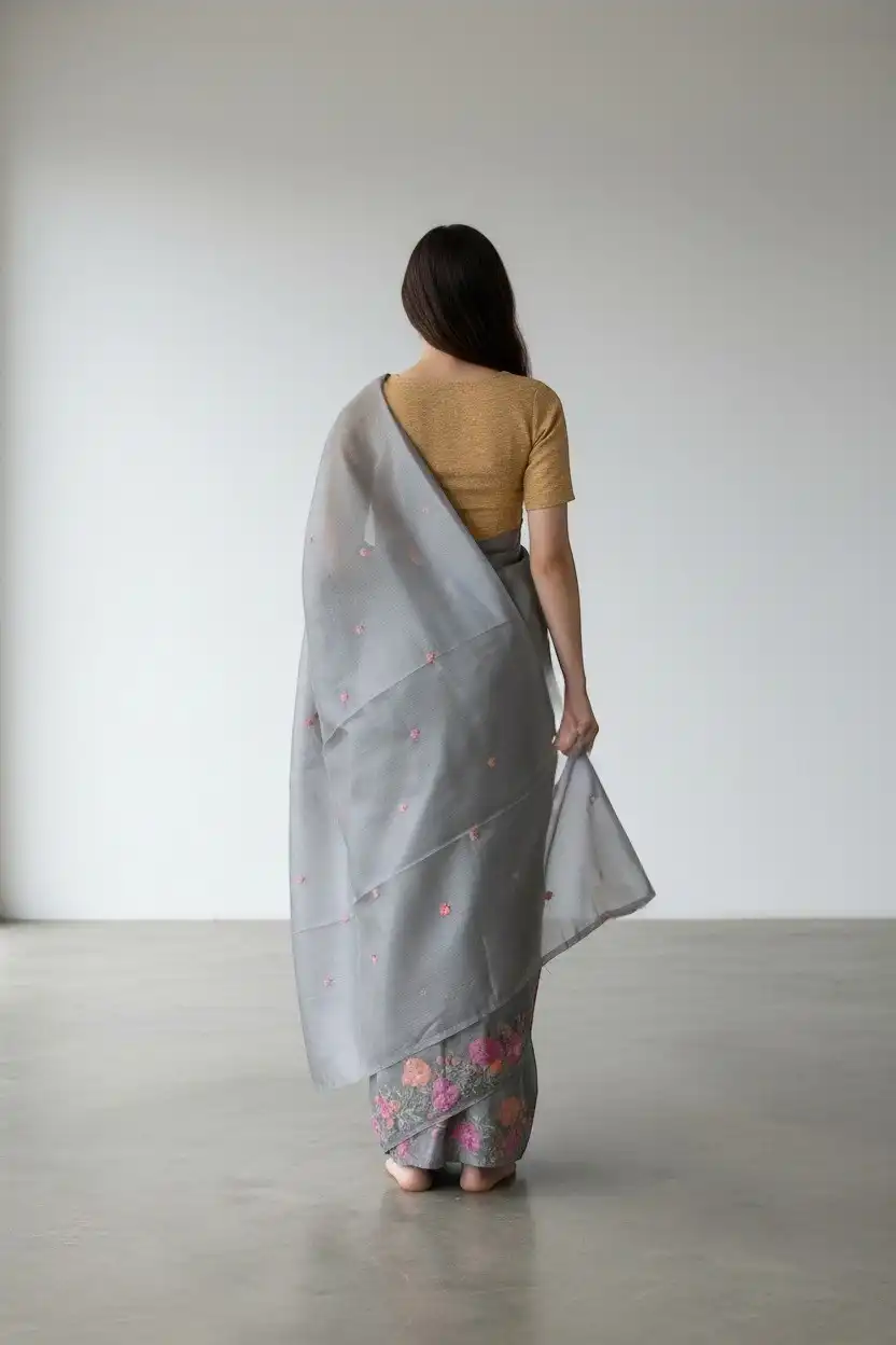Steel Gray Kota Doria Cotton-Silk Saree with Block-Printed Floral Border view 2
