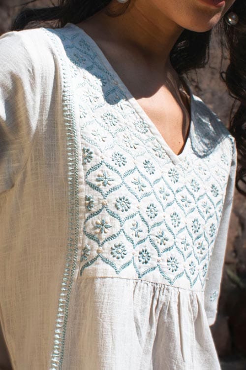 Avani Chikankari Off White Pure Cotton V Neck Dress view 2