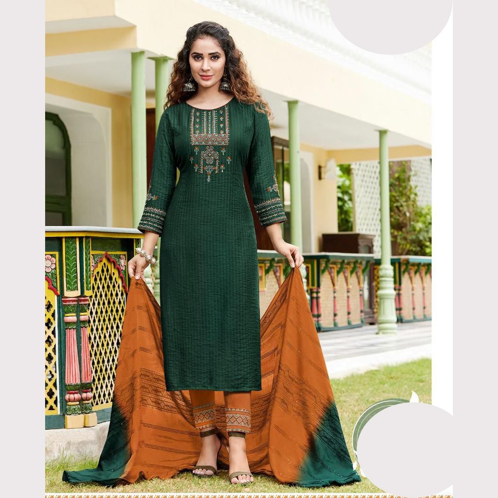 Women Viscose Silk Kurta with Trousers & Dupatta Dark Bottle Green color