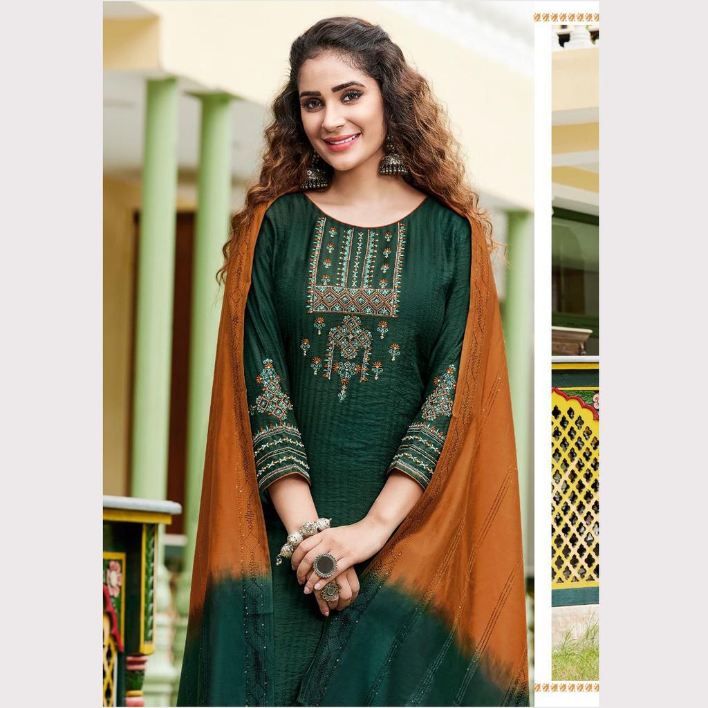 Women Viscose Silk Kurta with Trousers & Dupatta Dark Bottle Green color view 2