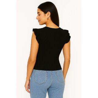ATLIES Women Black Ribbed Cap Sleeve Top view 2