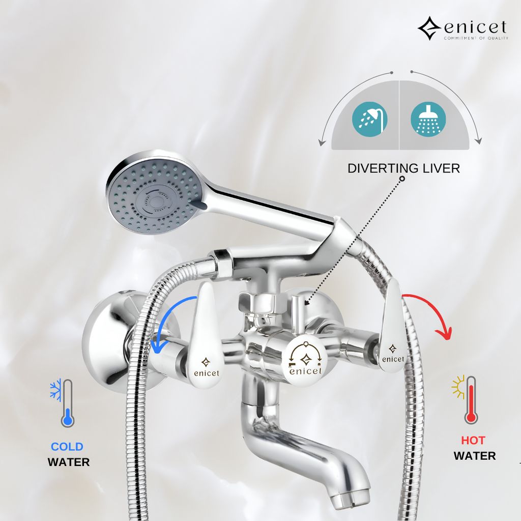 Enicet Brass Wall Mixer With Crutch For Handshower, Wall Mixer with Telephonic Shower, Chrome Plated, 3 Function Handshower view 2