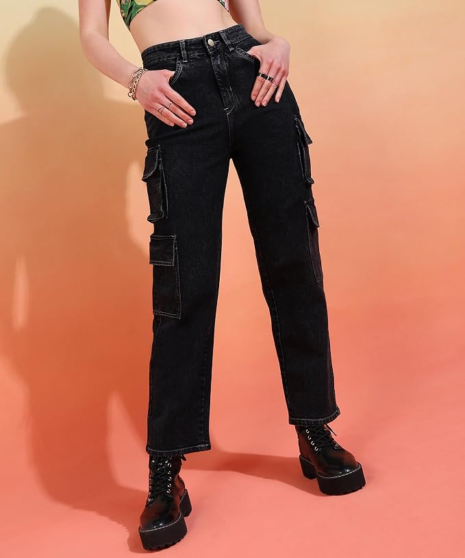 Glossia Fashion Women Cargo Jeans | High Waist Stretchable Wide Leg Straight Fit Denim| Boyfriend Jeans for Women - Black, 28 view 2