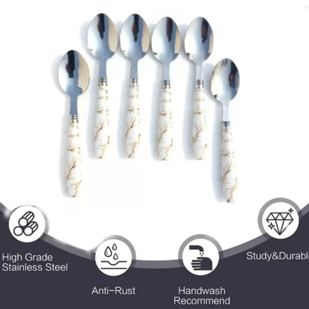 Qawvler Spoon Set for Kitchen Dining Table Solid Plastic Marble Design (Pack of 6) Color - White and Golden, Pattern - Textured view 2