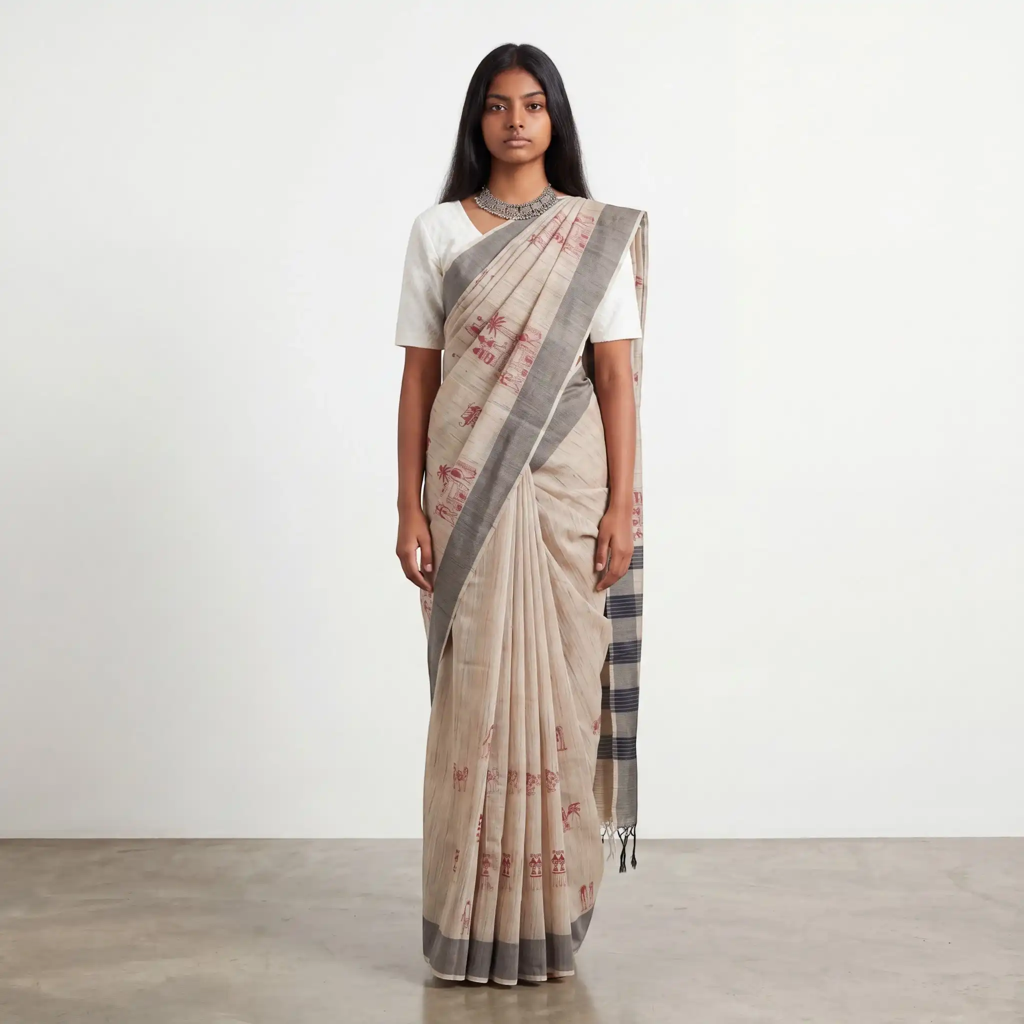 Handwoven Sambalpuri Cotton Ikat Saree in Beige with Charcoal Border