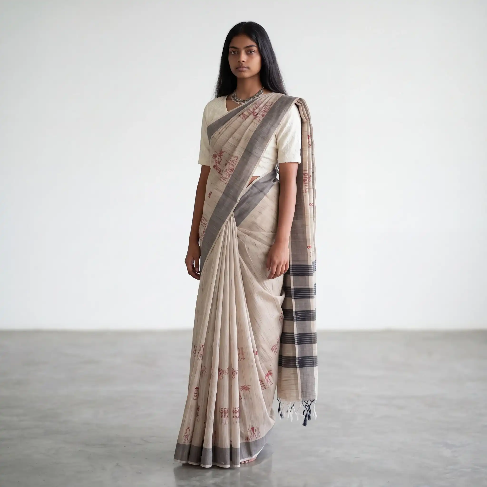 Handwoven Sambalpuri Cotton Ikat Saree in Beige with Charcoal Border view 2