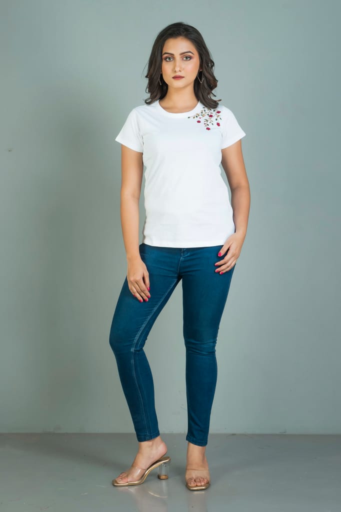 White coloured Hand embroidered Women’s cotton T shirt with floral design view 2