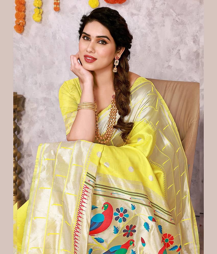 BLEESBURY Silk Woven Saree With Unstitched Blouse Piece ( Yellow ) view 2