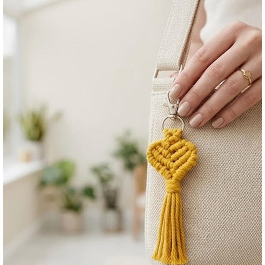 Handmade Macrame Crochet Cute Heart Yellow Keychain with Tassel for Girls, Boys, Men, Women | Cotton Cord Boho Bag Charm | Decorative Key and PhoneAccessory