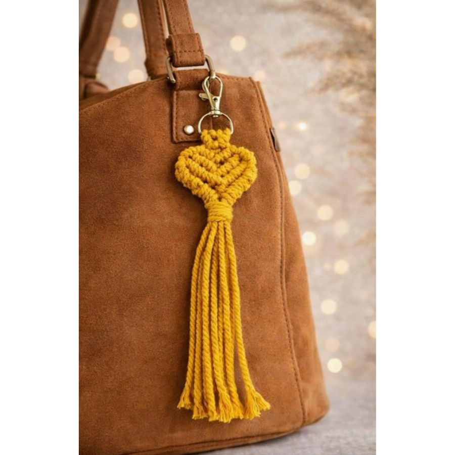 Handmade Macrame Crochet Cute Heart Yellow Keychain with Tassel for Girls, Boys, Men, Women | Cotton Cord Boho Bag Charm | Decorative Key and PhoneAccessory view 2