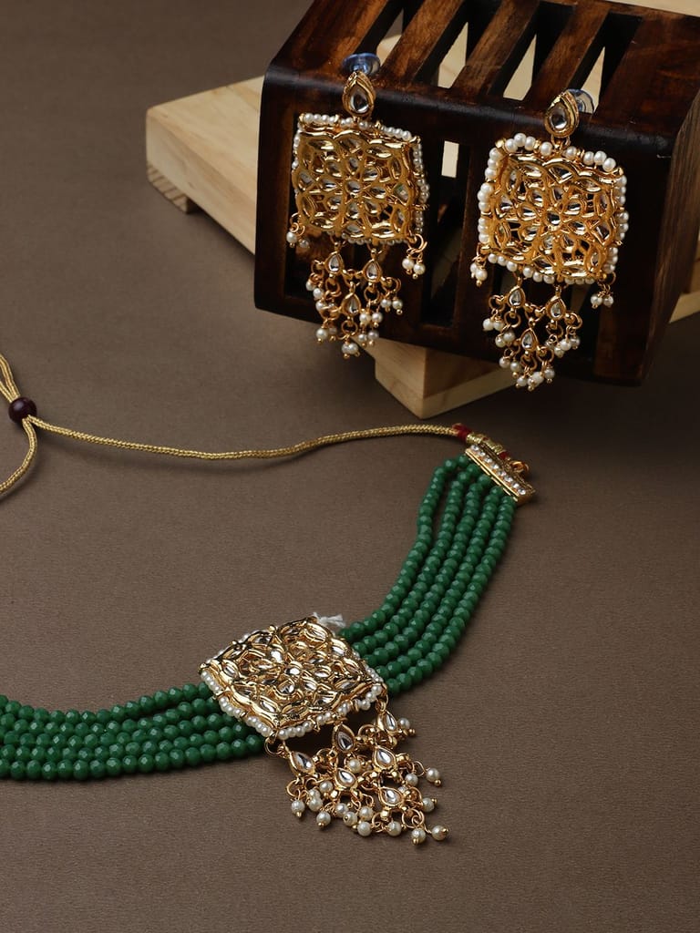 Cardinal Green Color Multistring Kundan Gold Plated Brass Choker Necklace Set view 2