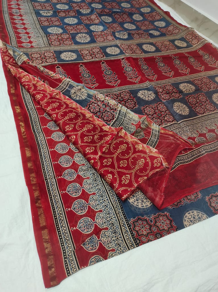 Red and Blue chanderi Silk Saree view 2