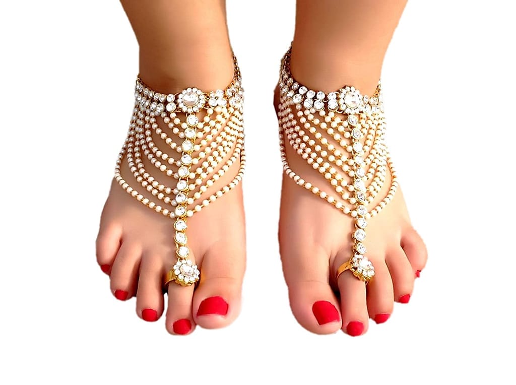 Nakoda Art Jewellery Antique Traditional Kundan Pearls Stone Fancy Stylish Gold Plated Payal/Anklet view 2