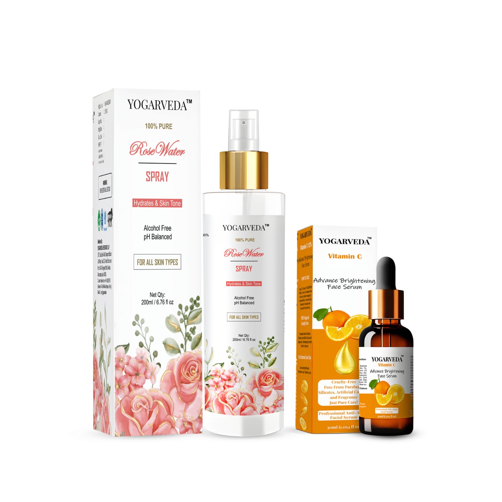 YOGARVEDA Rose Water Spray (200ml) & Vitamin C Face Serum (30ml) Combo (2 Items in the set) Pack of 5