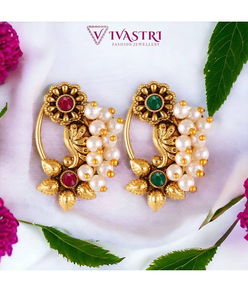 Vivastri Premium & CZ Pearl Studded Gold Plated Evergreen Nath For Women & Girls-VIVA1180NTH-CMB view 2