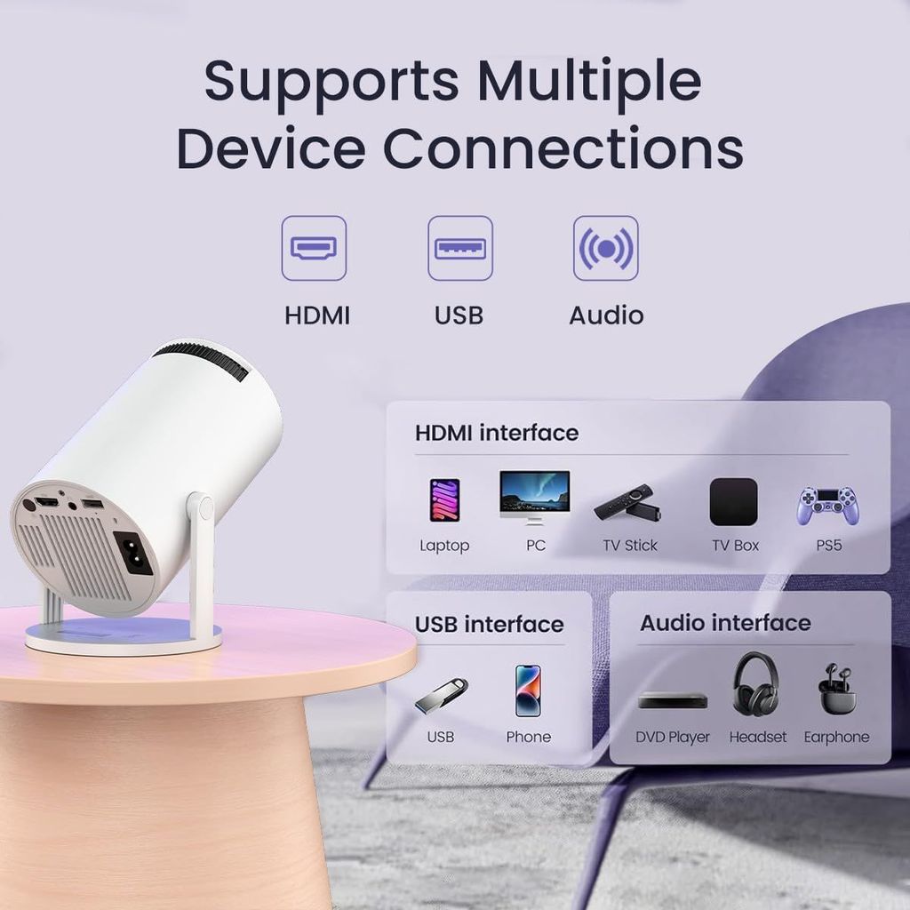 Smart Projector for Home Native 720p HD Resolution rotabable Design Android 11 with Built-in Apps (Netflix, Prime, YouTube) WiFi, 120''Max Display view 2