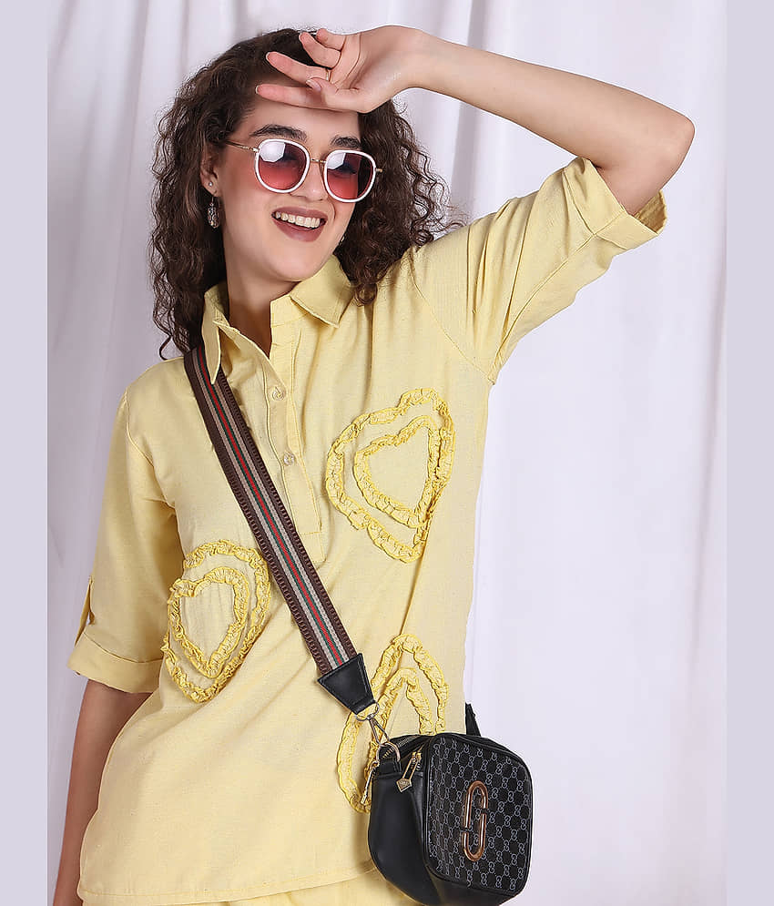 NEUDIS Women Self Design Top With Trousers Co-Ord Set ( Yellow ) view 2